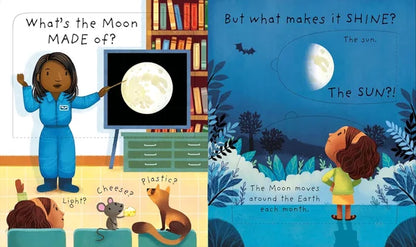 Children's book page with a teacher and students discussing the moon, and a child looking at the moon.