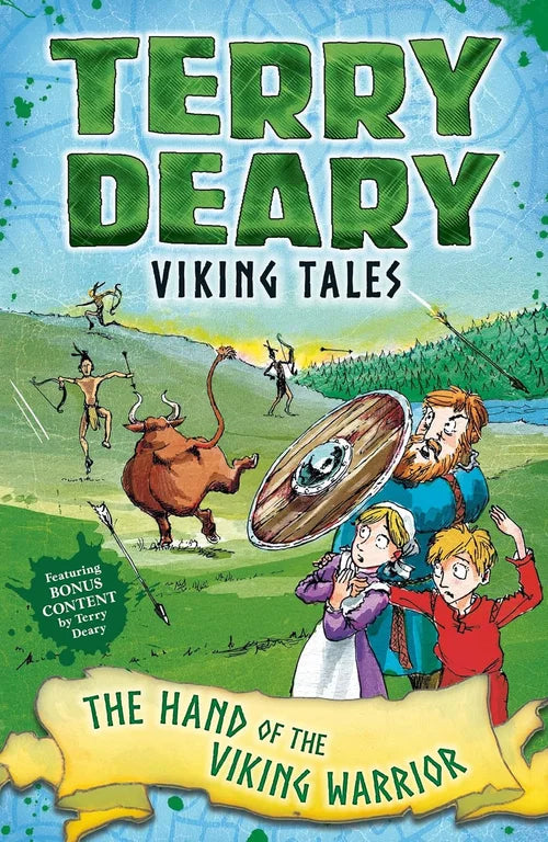 Book cover of 'The Hand of the Viking Warrior' by Terry Deary featuring illustrations of Vikings and a cow.