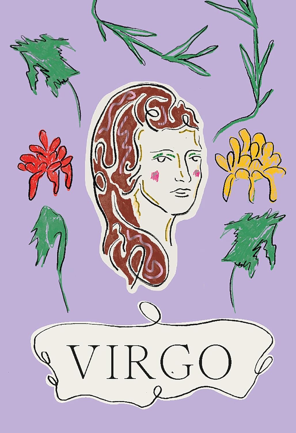Zodiac sign Virgo illustration with decorative elements on a purple background