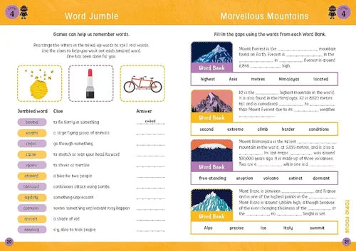 Educational word jumble game with mountain-themed vocabulary on a computer screen.