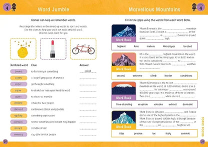 Educational word jumble game with mountain-themed vocabulary on a computer screen.