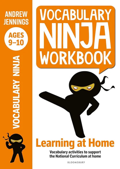 Book cover of 'Vocabulary Ninja Workbook' with a ninja illustration on an orange and white background.