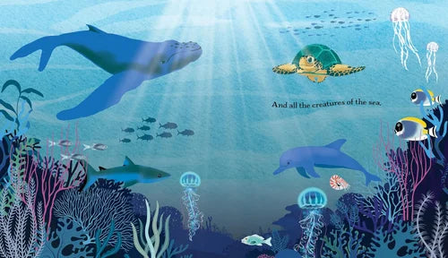 Underwater scene with various sea creatures and plants.