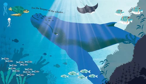 Illustration of a whale underwater with various marine life around