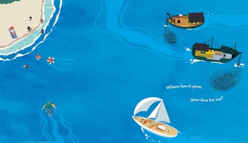 Cartoon illustration of a beach scene with boats and a sailboat, featuring text 'Where has it gone, your love for me?'