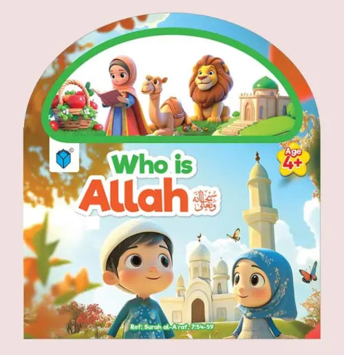 Book cover of 'Who is Allah' with cartoon characters and religious symbols.