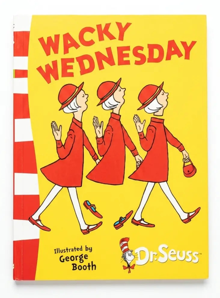Book cover of 'Wacky Wednesday' by Dr. Seuss with red-clad figures on a yellow background.