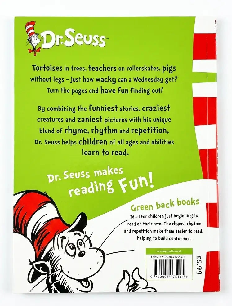 Back cover of a Dr. Seuss book with green background and character illustration.
