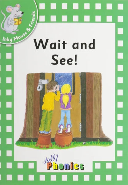 Book cover of 'Wait and See!' with two children behind a wooden panel, on a green checkered background.