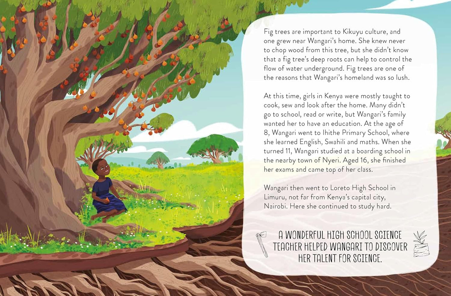 Illustration of a child under a fig tree with text about Kikuyu culture and Wangan's education journey.