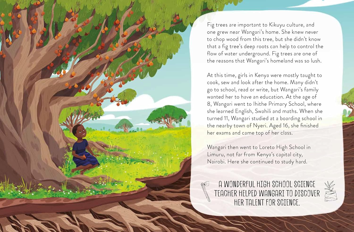 Illustration of a child under a fig tree with text about Kikuyu culture and Wangan's education journey.