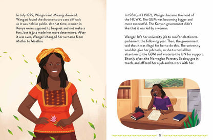 Book page with text and illustrations of a woman in an orange dress and another at a desk.