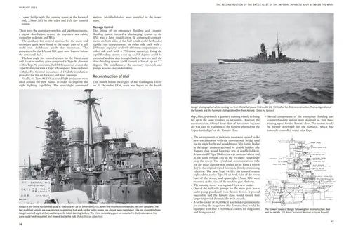 Book page with black and white images of a battleship and text on a white background