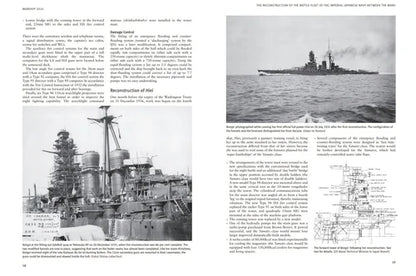 Book page with black and white images of a battleship and text on a white background