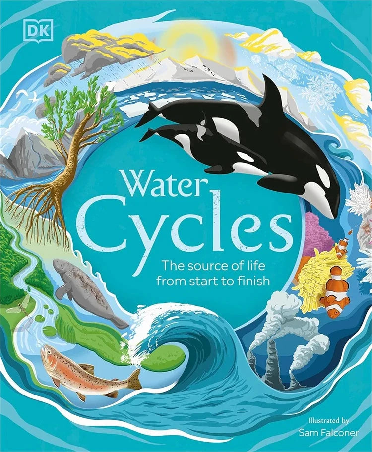 Book cover of 'Water Cycles' with illustrations of marine life and natural elements on a blue background.