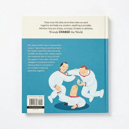 The back cover of a children's book shown against a plain white background. The cover has a cream top section with black text and a blue bottom section with an illustration of three astronauts in white spacesuits supporting a child astronaut.