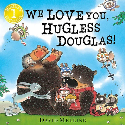 Book cover of 'We Love You, Hugless Douglas!' with cartoon characters and a blue sky.