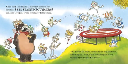 Cartoon illustration of animals around a trampoline with text