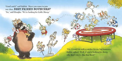 Cartoon illustration of animals around a trampoline with text