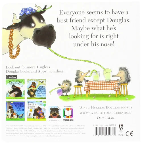 Back cover of a book featuring illustrations of animals and text about Douglas the cow.