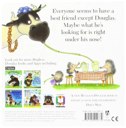 Back cover of a book featuring illustrations of animals and text about Douglas the cow.