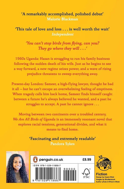 Book back cover with text and a photo of a woman on a yellow background