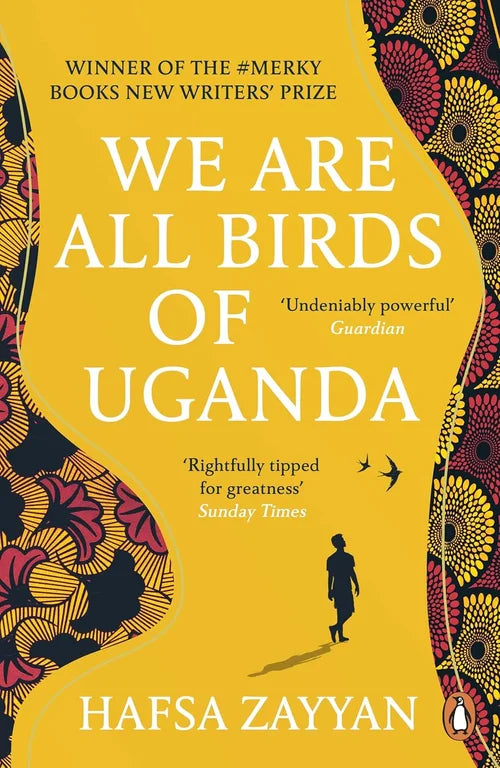 Book cover of 'We Are All Birds of Uganda' with a yellow background and decorative patterns.