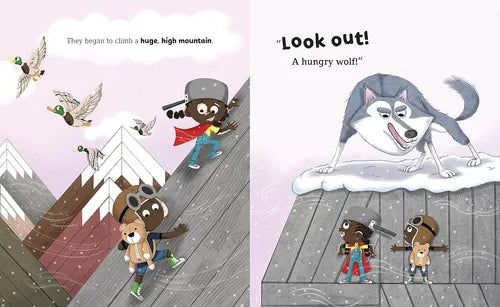 Illustrated book pages showing characters climbing a mountain with a wolf in the background.