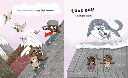 Illustrated book pages showing characters climbing a mountain with a wolf in the background.