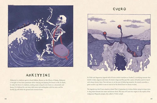 Illustrated pages from a book with a skeleton and wave design on one side and a creature in water on the other, titled 'CUERO'.