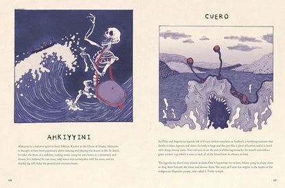 Illustrated pages from a book with a skeleton and wave design on one side and a creature in water on the other, titled 'CUERO'.