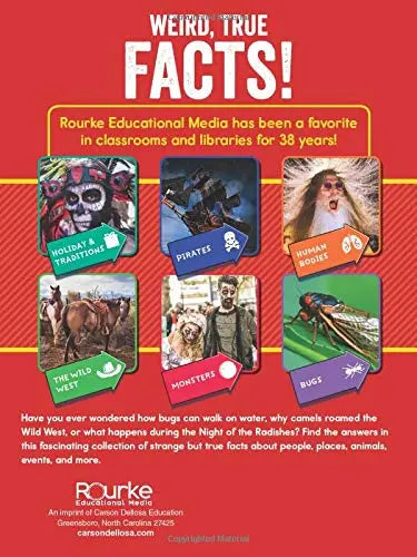 Promotional poster for Rourke Educational Media's 'Weird, True Facts!' series with colorful graphics and text on a red background.