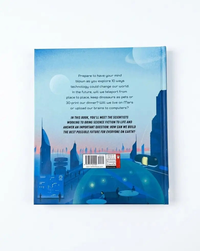 The back cover of a book titled 'Blazon' featuring a blue-toned futuristic cityscape illustration with text and a barcode, photographed against a plain white background.