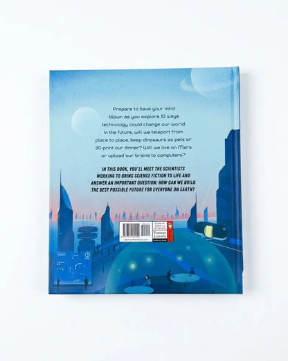 The back cover of a book titled 'Blazon' featuring a blue-toned futuristic cityscape illustration with text and a barcode, photographed against a plain white background.
