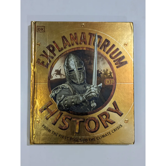Book titled 'Explanatorium History' with a knight illustration on a gold background