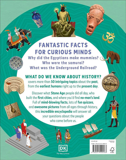 Book cover with historical illustrations and text about 'Fantastic Facts for Curious Minds' by DK.