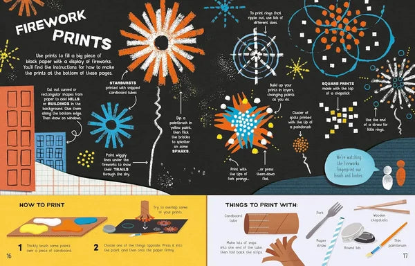 Illustration of firework prints with instructions on a dark background