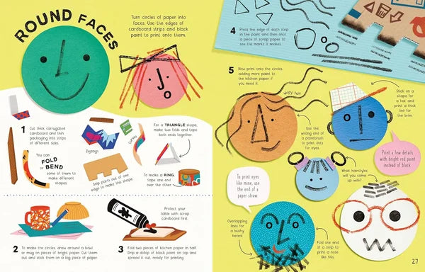 Children's craft activity book with step-by-step instructions on making round faces using paper and glue.