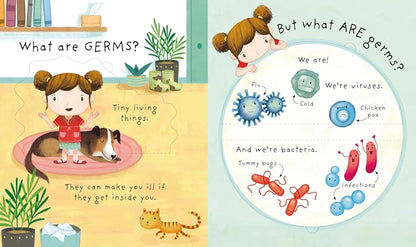 Children's book page explaining germs with illustrations and text.