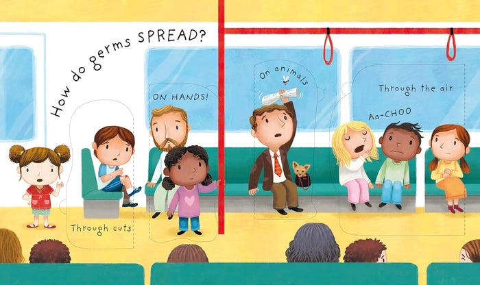 Illustration of people on a bus with text about how germs spread.