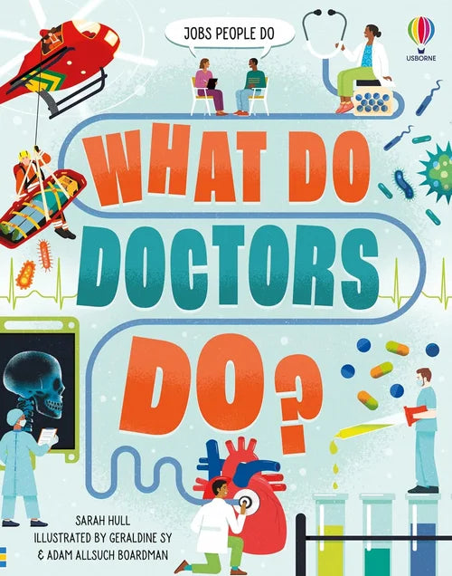 Book cover of 'What Do Doctors Do?' with colorful illustrations and text.