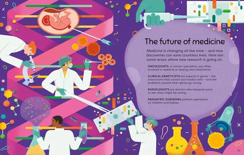 Illustration of scientists in a laboratory with text about the future of medicine on a purple background.