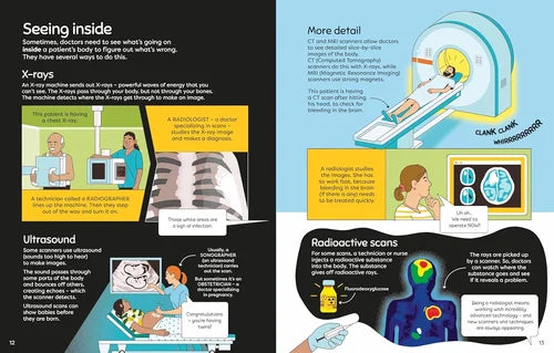 Educational illustration about medical imaging techniques including X-rays, ultrasound, and radioactive scans.