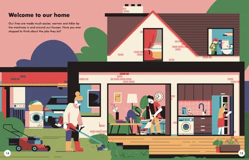 Illustration of a house with people going about their daily activities, including a person mowing the lawn and another inside the house.