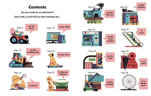 Illustrations of various machines and settings with text indicating page numbers and locations.
