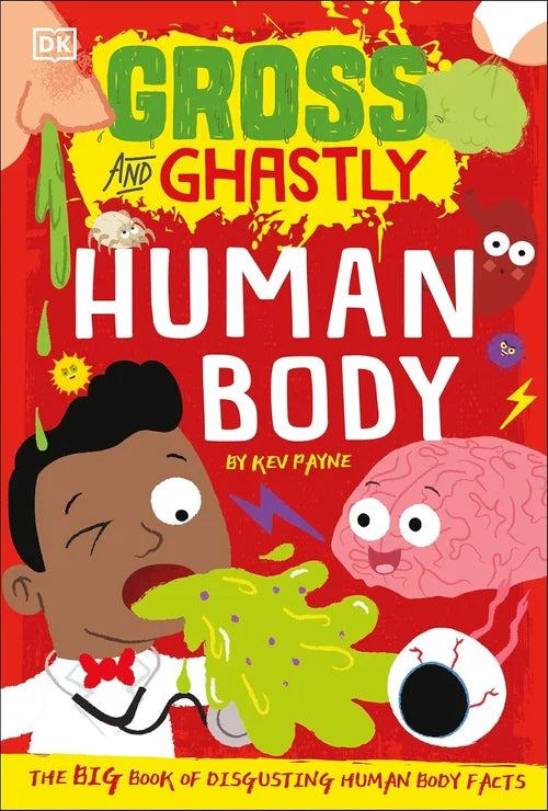 Book cover of 'Gross and Ghastly Human Body' with colorful illustrations and text on a red background.