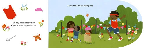 Children's book page with a child running and text 'Start the family Olympics!' in a colorful outdoor setting.