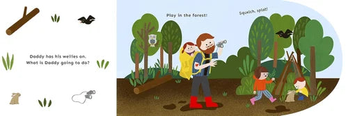 Illustration of a family in a forest with text and icons.