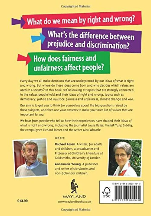 Book back cover with text and images of two people, featuring a question about right and wrong, prejudice, and fairness.