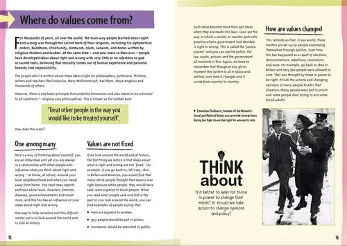 Educational page about values and their origins, featuring text and a black and white photo of two people walking together.